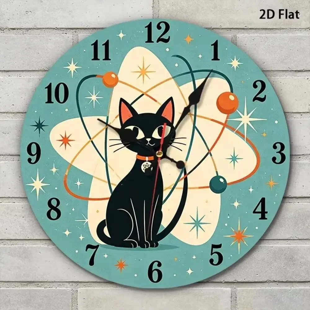 Retro Mid Century Modern Black Cat Wall Clock Printed Teal 10
